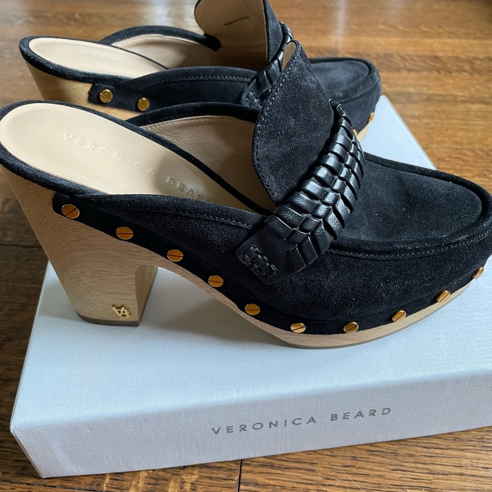 Veronica Beard Black Suede Studded Clog Mules